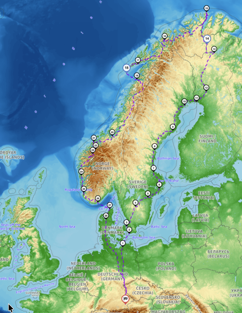 Geplante Motorradroute 2027 von Mühldorf am Inn zum Nordkap über Schweden und Finnland, Rückreise über die Lofoten und Norwegen.